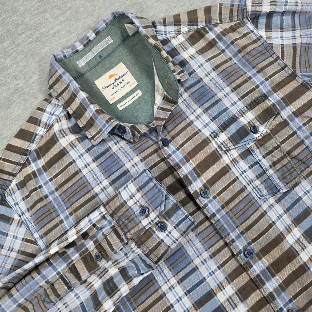 Tommy Bahama Jeans Men Small Island Modern Fit Plaid Button Down Shirt Blue